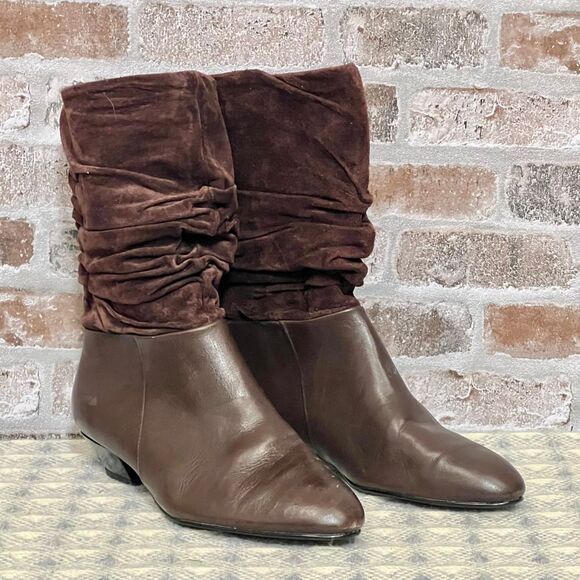 Newport News Purple/Brown Suede/Leather Slouch Boots - pointy toes + kitten heel - Picture 1 of 12